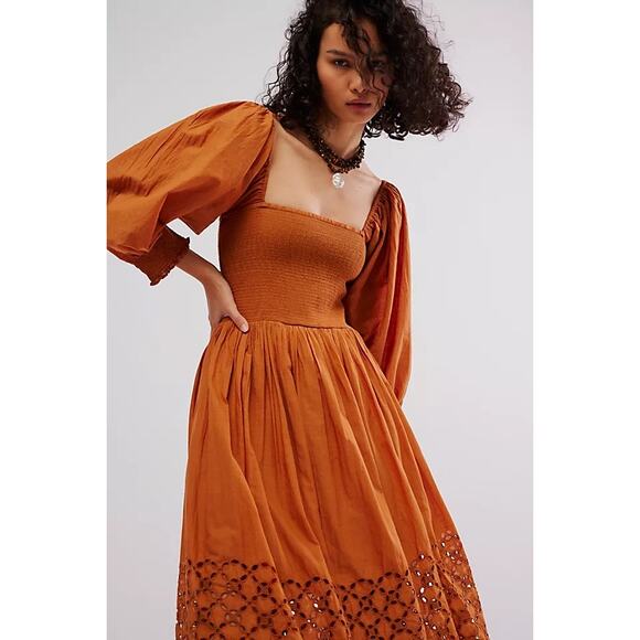COPY - New Sz Xs Free People Perfect Storm orange Eyelet Cut Smocked Midi Dress… - Picture 2 of 5